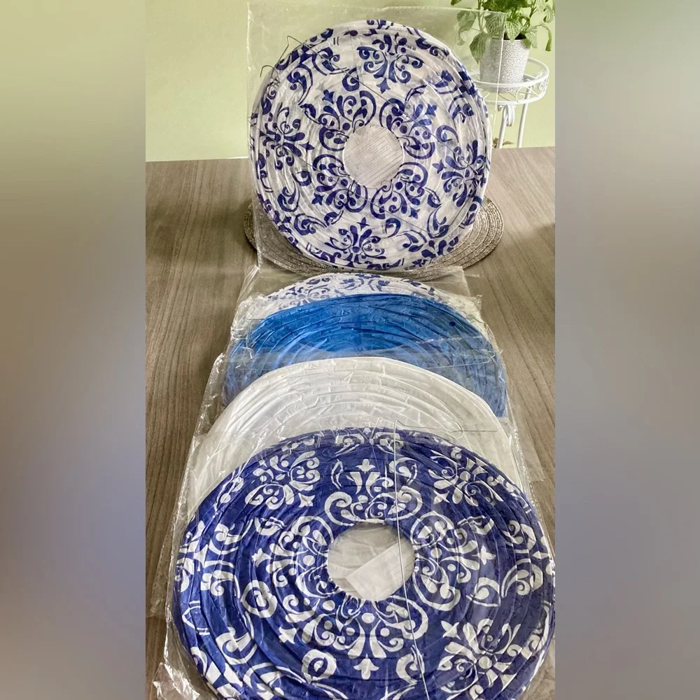 Blue and White Patterned Paper Lantern Set